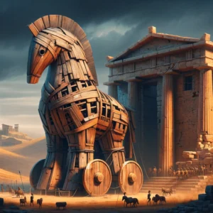 Illustration of the Trojan Horse with ancient Troy ruins in the background, symbolizing the blend of myth and potential reality in Greek mythology.