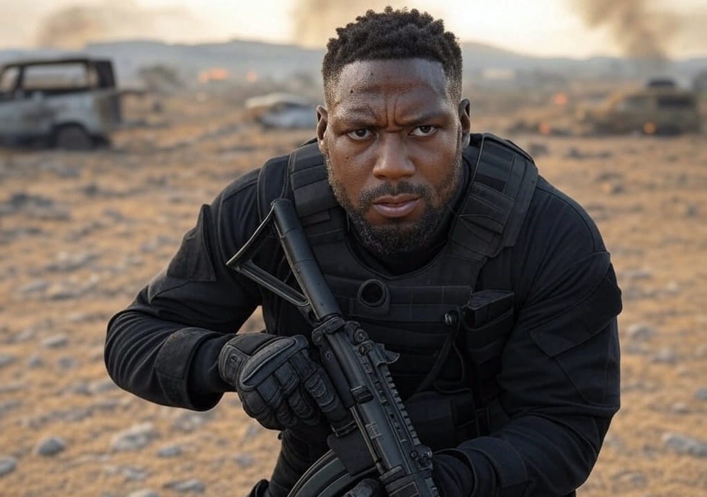 PMCs in African conflicts: Black African mercenaries in intense combat on a rugged African battlefield, showcasing the grit and chaos of modern warfare, 2020–2025.