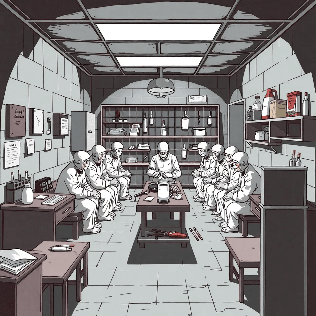 An illustration of Unit 731's laboratory setup, showing prisoners and medical tools used for inhumane experiments.