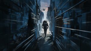 Lone individual navigating through city alleyways at dusk, embodying urban evasion and survival tactics.