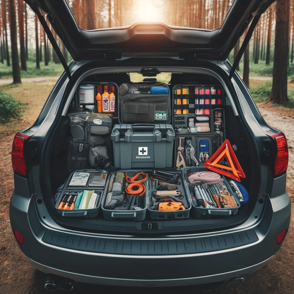 Car equipped with essential survival gear including a first aid kit and jumper cables, showcasing preparation for emergency situations in a forest setting.