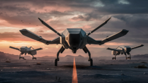 Autonomous drones equipped with advanced sensors and weaponry flying over a digitally enhanced battlefield, highlighting the integration of AI in modern military technology