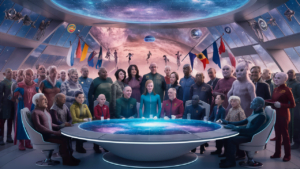 A diverse group of human and alien delegates participating in an intergalactic council meeting on cosmic democracy, discussing over a holographic galaxy map.