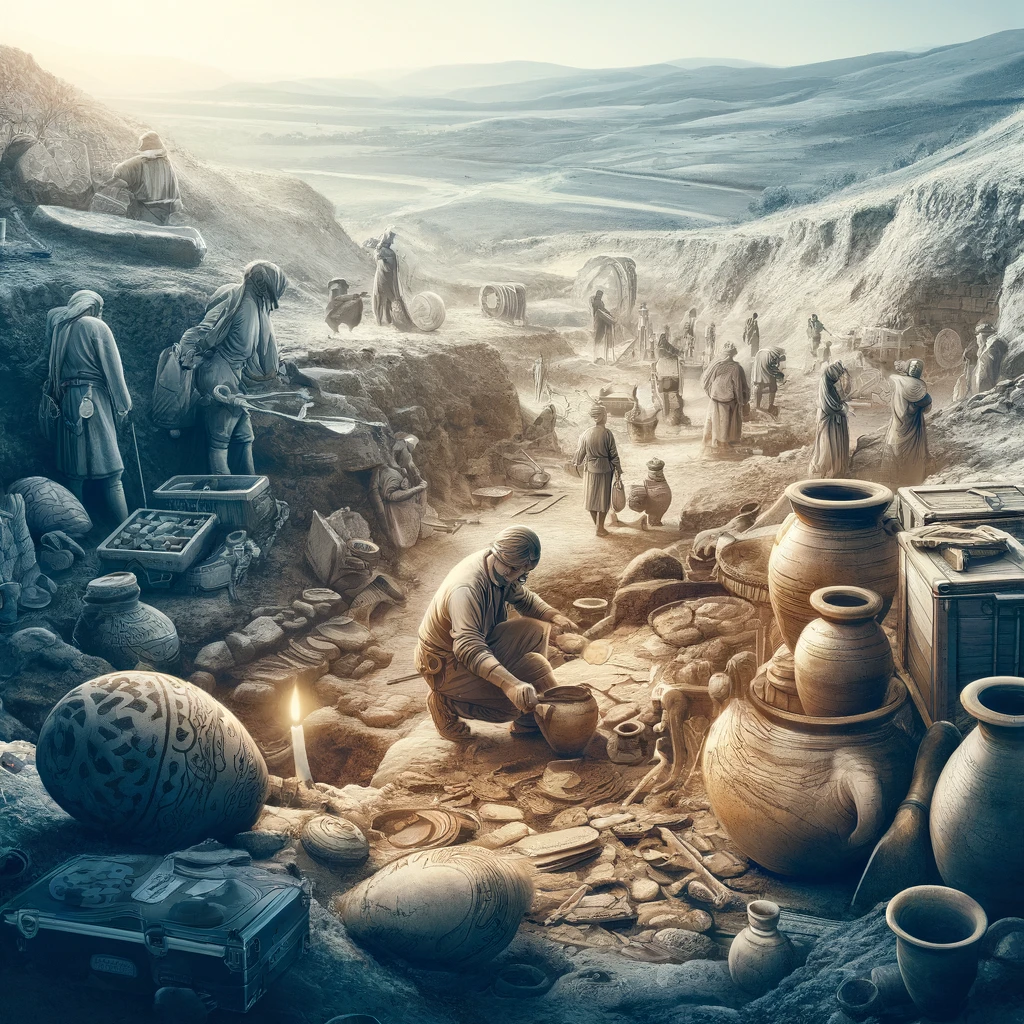 Archaeologists excavating ancient artifacts at a biblical-era site in the Middle East, showcasing pottery and remnants of historical buildings.