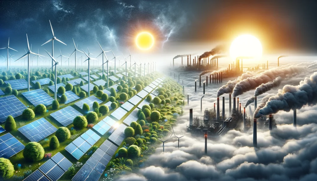 Climate change progress: An illustration showing the contrast between renewable energy progress and ongoing fossil fuel pollution, with solar panels and wind turbines on one side and industrial smokestacks on the other.