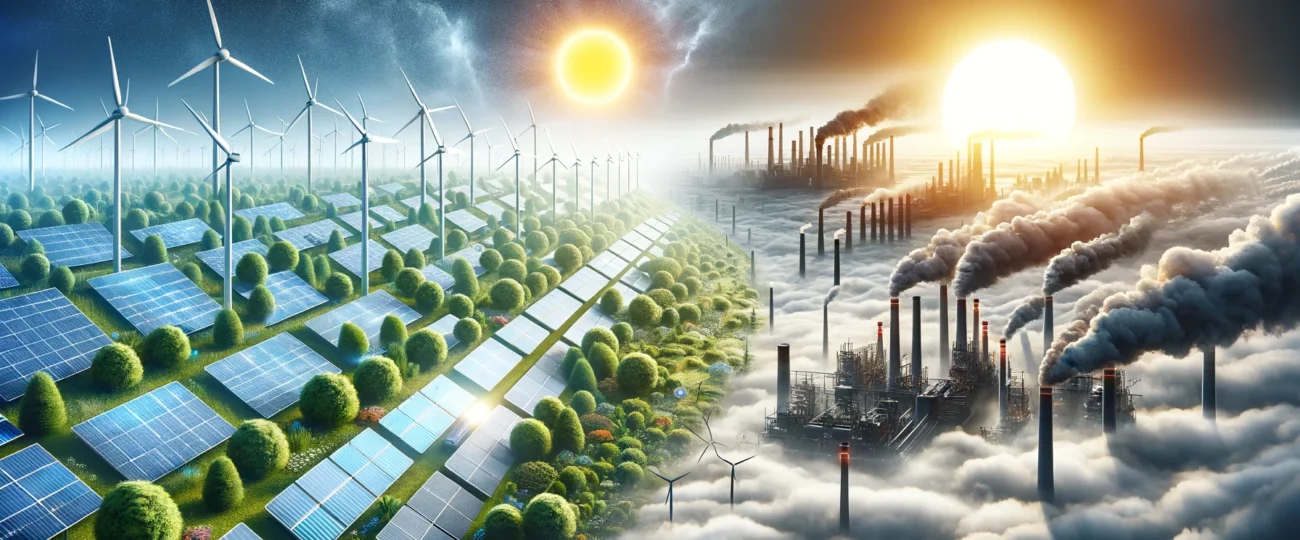Climate Change Progress and Challenges. An illustration showing the contrast between renewable energy progress and ongoing fossil fuel pollution, with solar panels and wind turbines on one side and industrial smokestacks on the other.