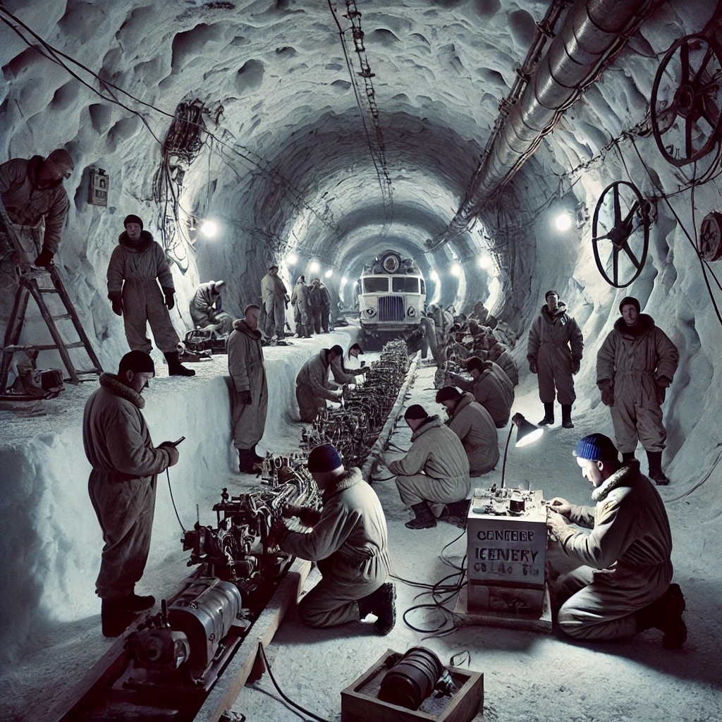 A group of engineers working inside the tunnels of Camp Century, Greenland, during Project Iceworm. The image captures the ingenuity and determination required to construct a hidden military base beneath the ice sheet during the Cold War.
