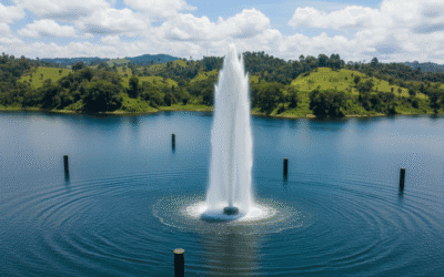Lake Nyos in Cameroon showing blue crater lake waters and CO2 degassing pipes installed after 1986 disaster Ai Made