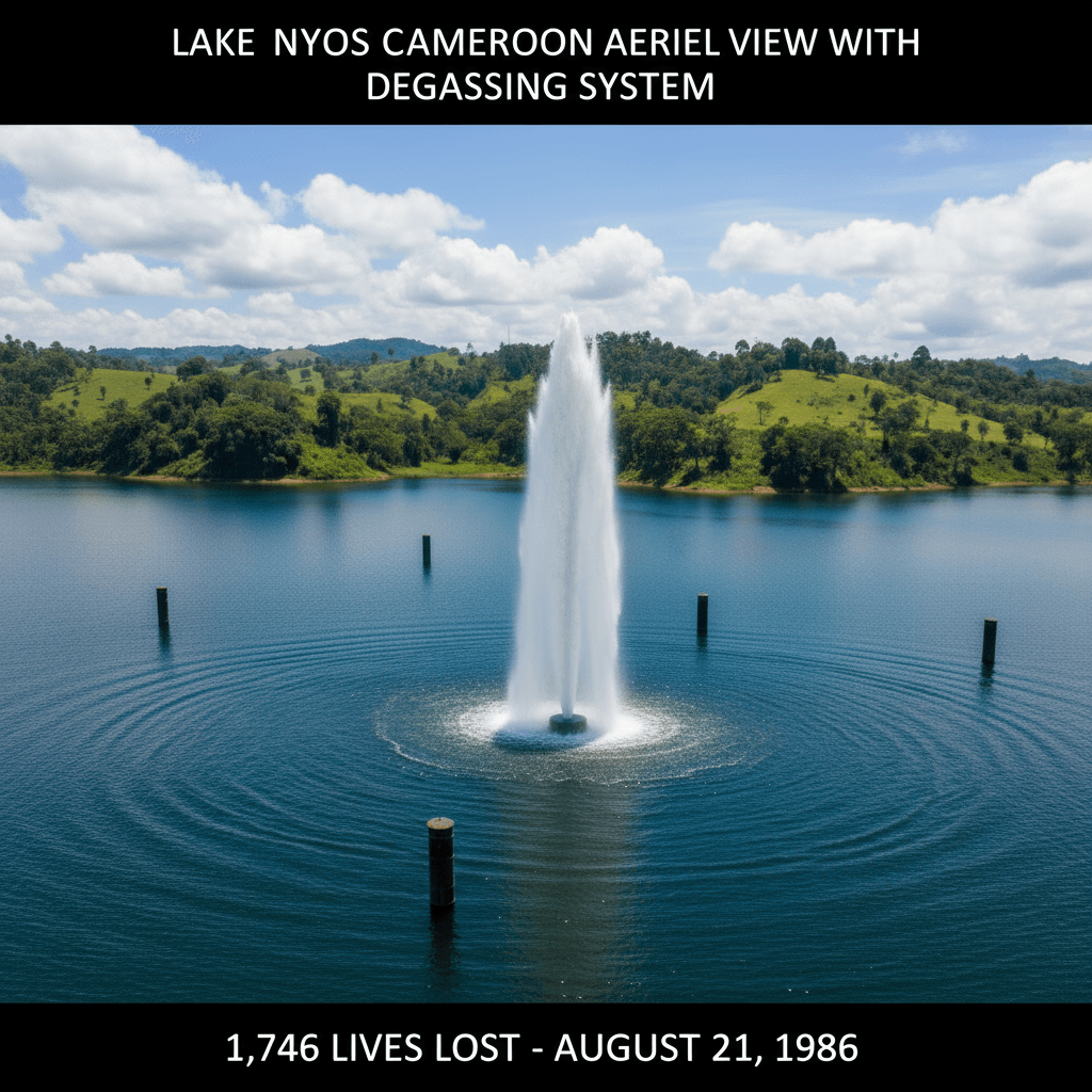 Lake Nyos in Cameroon showing blue crater lake waters and CO2 degassing pipes installed after 1986 disaster Ai Made