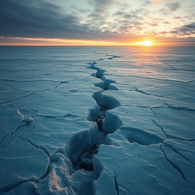 Art of Greenland’s ice sheet cracking, exposing Project Iceworm’s abandoned Camp Century relics under a cold sunrise.