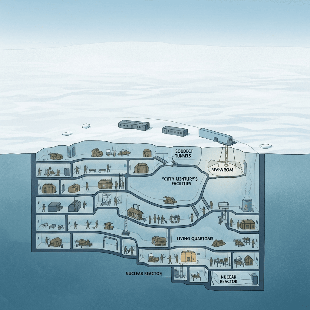 An illustration of Project Iceworm's "city under the ice," showing the secret tunnels and facilities of Camp Century buried in the Greenland ice sheet.