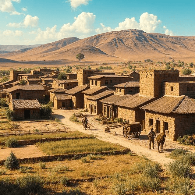 Hittite civilization village scene with farmers and chariots.