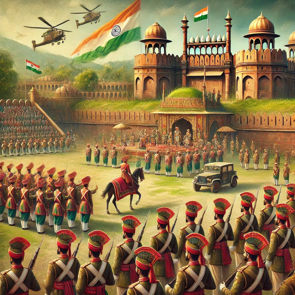 Indian soldiers in traditional ceremonial uniforms performing a parade with a historic fort backdrop, showcasing of Military Culture in India.