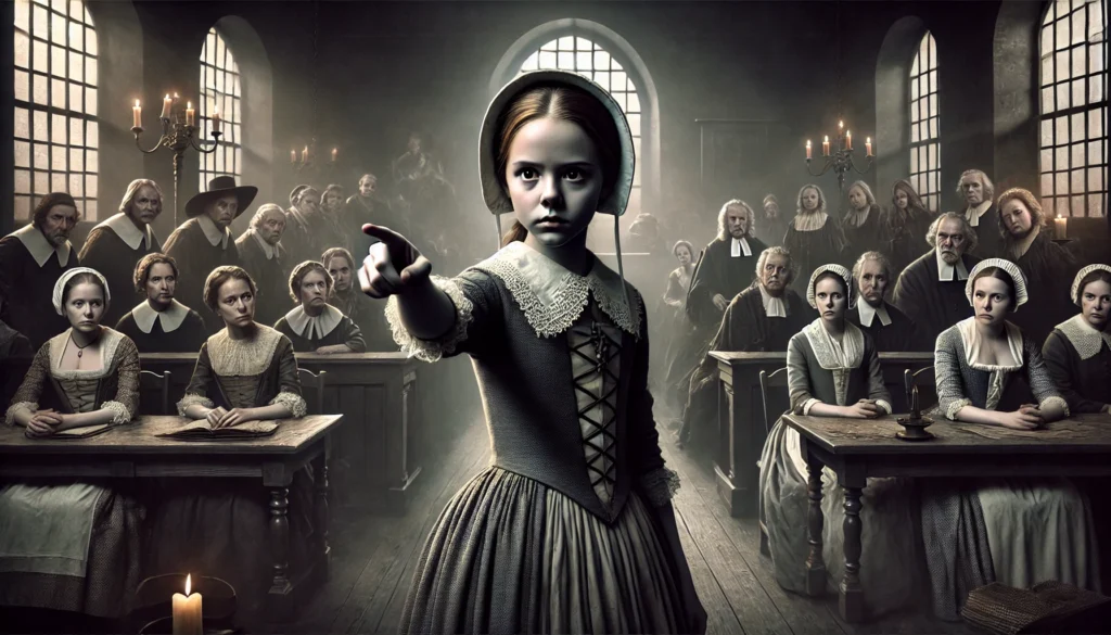 Highly realistic and dramatic image of Abigail Williams, a key accuser in the Salem Witch Trials, dressed in 17th-century Puritan attire, pointing accusingly in a tense courtroom filled with concerned townspeople and stern judges
