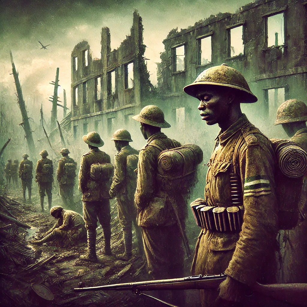 Somber scene of soldiers in worn uniforms against a war-torn landscape, reflecting the hardship and resilience of the Biafran War.