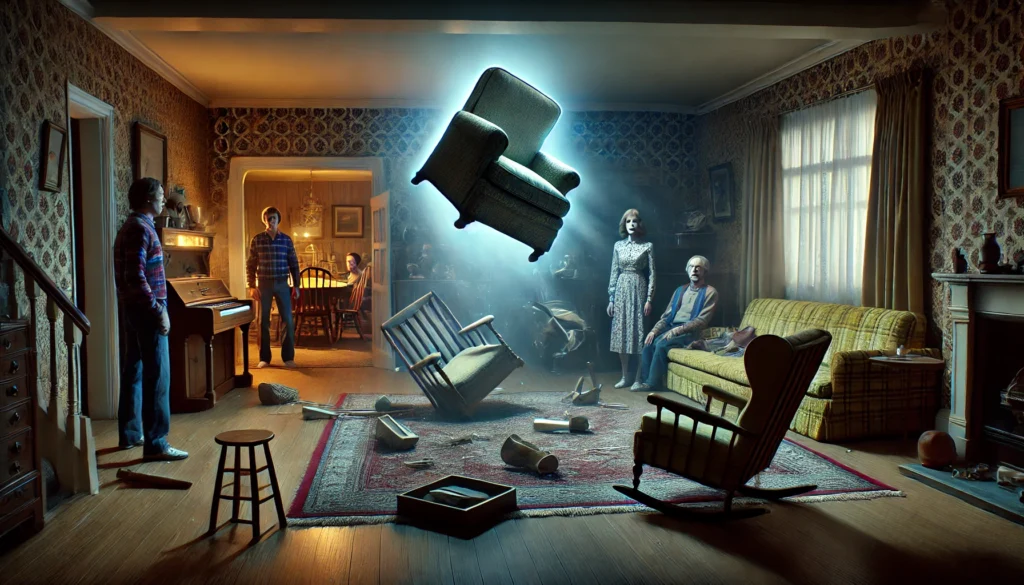 Highly realistic and dramatic image depicting the Enfield Poltergeist, with furniture levitating and objects being thrown in a 1970s living room while a terrified family watches in horror, illustrating Enfield Poltergeist Real.
