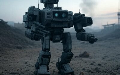 AI in warfare: Military robots patrol rugged battlefield in modern warfare, highlighting autonomous robots in combat with advanced technology