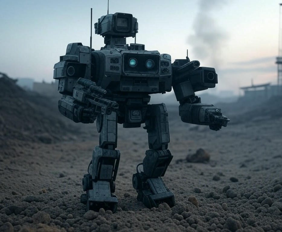 AI in warfare: Military robots patrol rugged battlefield in modern warfare, highlighting autonomous robots in combat with advanced technology