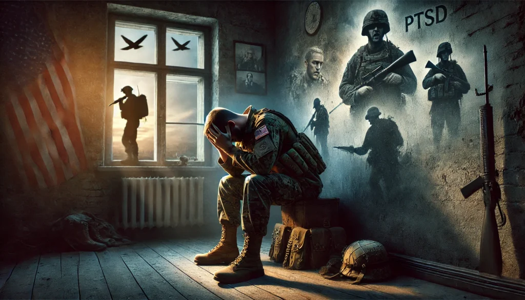PTSD War Veterans: Highly realistic and dramatic image of a war veteran in military fatigues sitting alone in a dimly lit room, holding his head in his hands, symbolizing deep emotional pain. Faint images of battlefield scenes and comrades are visible on the wall behind him, with a concerned family member looking in from a window, illustrating PTSD.