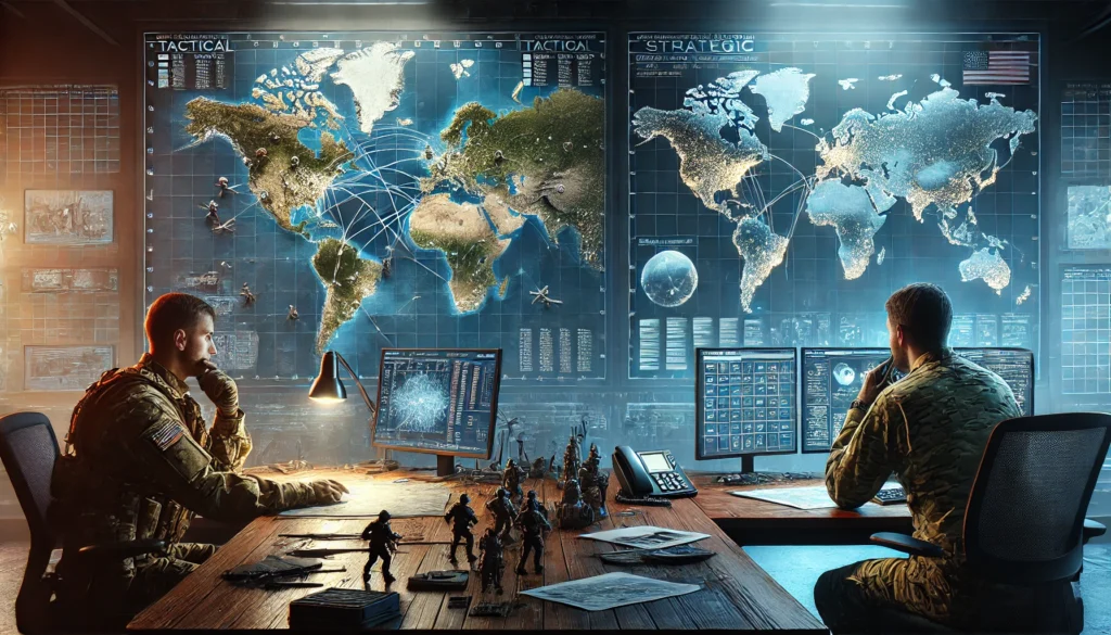 military officer planning a detailed map with troop movements, symbolizing tactical thinking, and another officer studying a broader world map with long-term objectives, representing strategic thinking, illustrating the contrast between tactical and strategic mindsets.