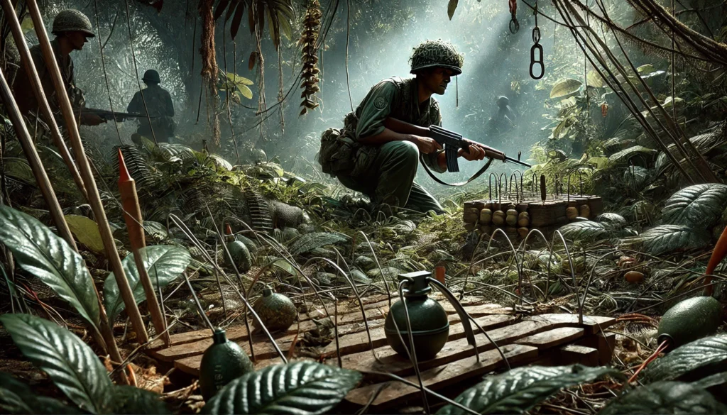 Highly realistic and dramatic image of soldiers in combat gear navigating through dense jungle terrain during the Vietnam War, using tactical formations, communicating via hand signals, with helicopters flying low and a base camp in the background, illustrating War Tactics in Vietnam.