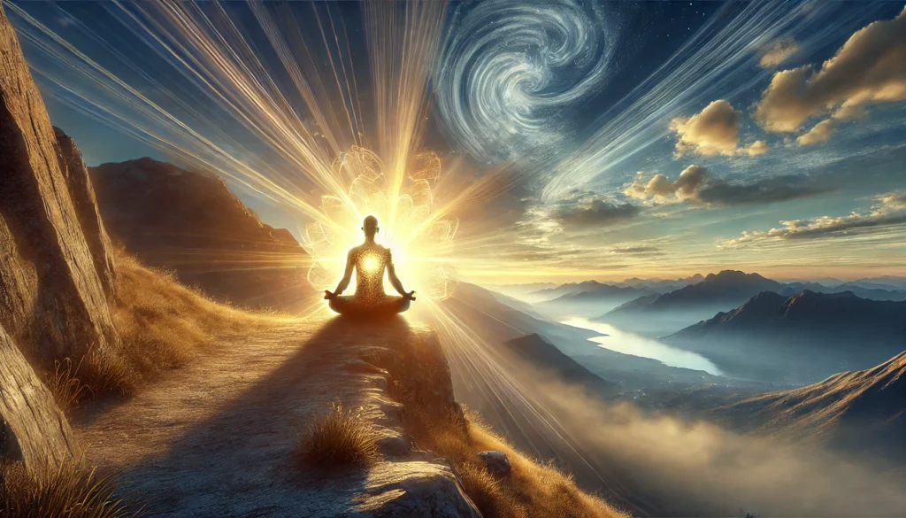 Highly realistic and serene image of a person sitting in a meditative pose on a mountain peak at sunrise, surrounded by a soft, golden light symbolizing enlightenment and inner peace, illustrating the concept of spiritual awakening.