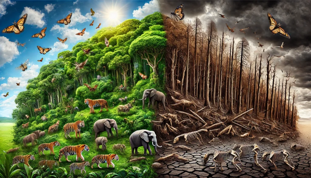 Dramatic scene of a lush forest transitioning into a barren landscape, illustrating the impact of species extinction and biodiversity loss.