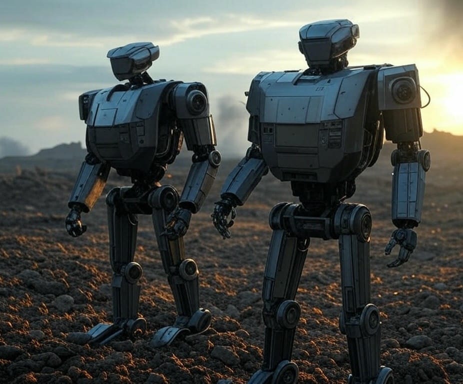 Military robots patrol rugged battlefield in modern warfare, highlighting autonomous robots in combat with advanced technology