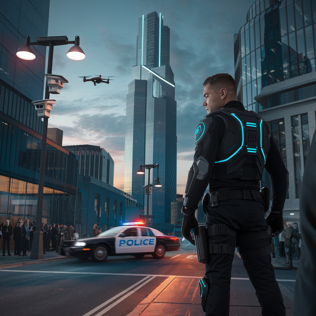 private security in law enforcement: a sleek private security guard in a high-tech uniform—black tactical gear with glowing blue accents—stands watchfully on a busy city street.