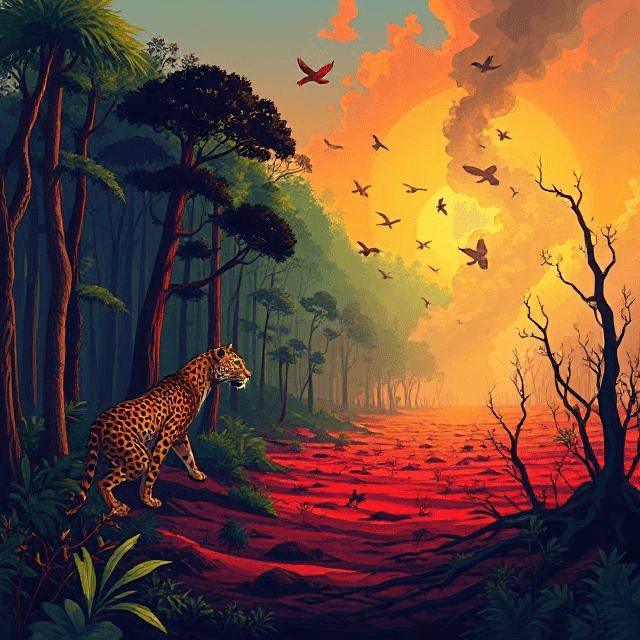 Species extinction and biodiversity loss depicted as a forest turns to wasteland.
