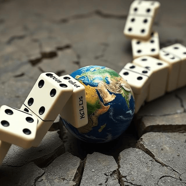 Species extinction and biodiversity loss shown as falling dominos impacting Earth.