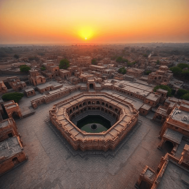 Aerial illustration of Mohenjo-Daro in the Harappan Civilization, featuring the Great Bath and advanced urban planning at sunset.