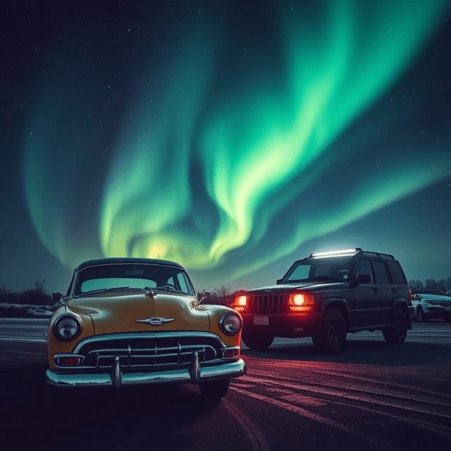 How to survive a solar storm: vintage car vs. modern SUV under aurora lights.