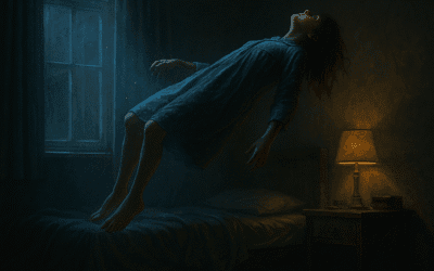 A girl levitating in a dark 1970s bedroom during a haunting — inspired by the Enfield Poltergeist