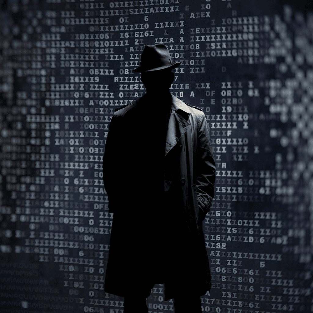 A silhouette of a spy against a backdrop of digital code, symbolizing the battle between intelligence vs counterintelligence.