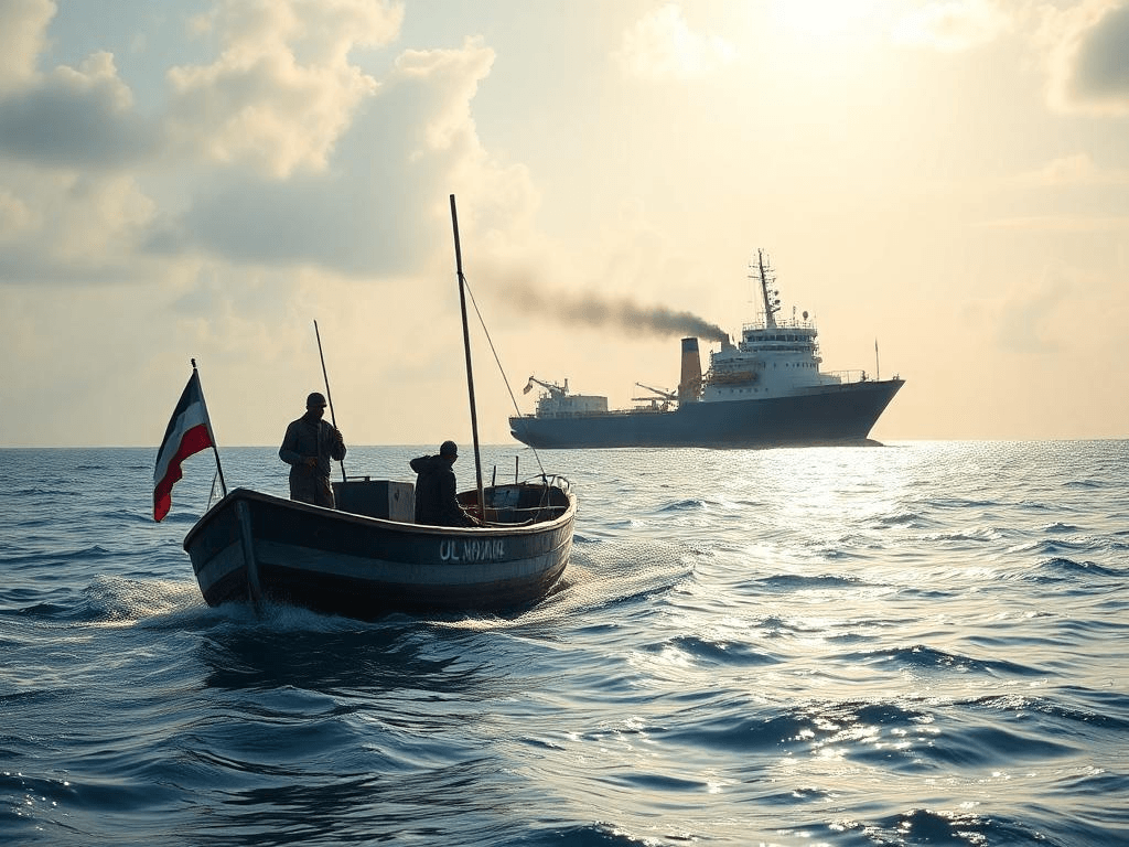 maritime security: Depiction of a Somali pirate skiff approaching a commercial vessel in the Horn of Africa.