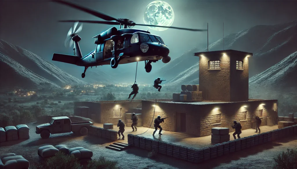 night-time military operation with Navy SEALs fast-roping from helicopters to breach a fortified compound in Abbottabad, Pakistan, during Operation Neptune Spear