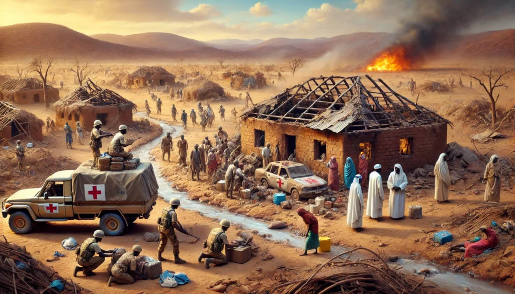 Gritty scene of the war in Darfur, with a torched village, displaced people, and militias against a fiery horizon.