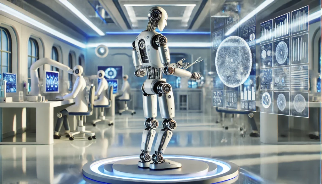 Advanced Humanoid Robots performing a task in a high-tech environment