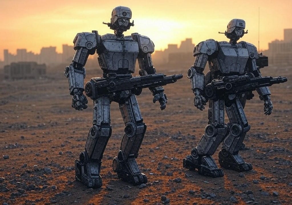 Military robots patrol rugged battlefield in modern warfare, showcasing autonomous robots in combat.