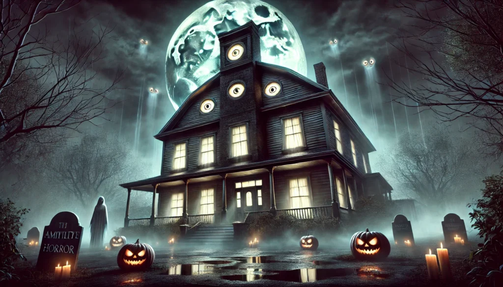 Highly realistic and dramatic image depicting the Amityville Horror, featuring the infamous Amityville house at night with iconic windows resembling eyes, ghostly apparitions, and spectral lights, illustrating Amityville Horror.