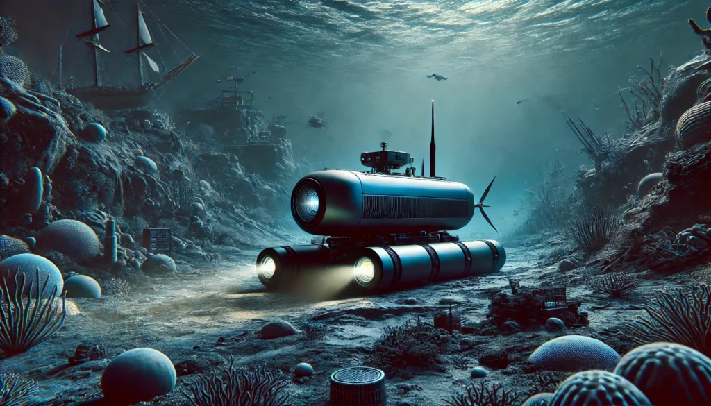 Highly realistic and dramatic image depicting Autonomous Underwater Vehicles (AUVs) navigating through deep ocean waters, equipped with advanced sensors and cameras, capturing detailed data about the underwater environment.