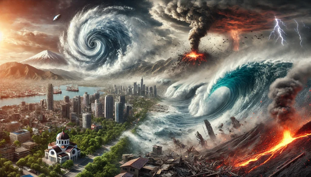 deadliest natural disasters: Highly realistic and dramatic image depicting various deadliest natural disasters, including a tsunami wave crashing onto a coastal city, a massive cyclone swirling over land, a powerful earthquake shaking buildings, and a volcanic eruption spewing lava and ash.