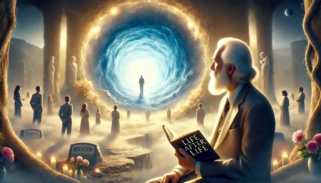 Highly realistic and dramatic image depicting the concept of life after death as explored by Dr. Raymond Moody, with a serene landscape, a tunnel of light, and Dr. Moody observing with a thoughtful expression, holding his book 'Life After Life