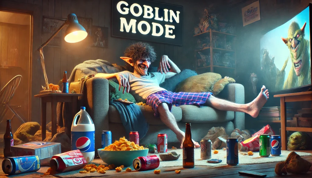 concept of 'Goblin Mode,' showing a person lounging on a couch in a messy living room surrounded by snacks and electronics, embracing a carefree, lazy attitude.