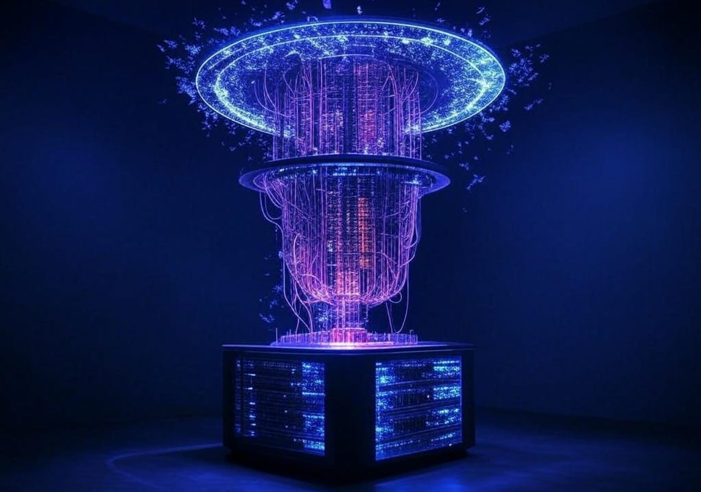 Quantum Computing Warfare cracks enemy codes, with a massive quantum computer glowing in blue and purple, displaying shattered encrypted data on a holographic screen.