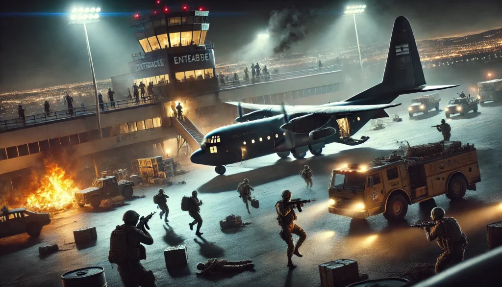 Highly realistic and dramatic image depicting Operation Entebbe, showing Israeli commandos exiting a military aircraft at Entebbe Airport at night, rescuing hostages from a terminal building with Ugandan soldiers engaging in combat.