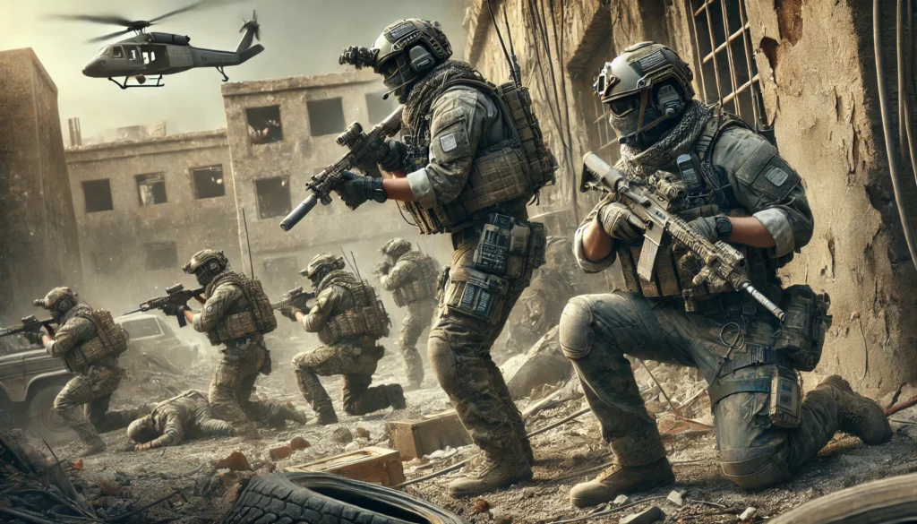 Highly realistic and dramatic image depicting private military contractors in tactical gear operating in a conflict zone, positioned strategically in a war-torn urban environment with damaged buildings and vehicles