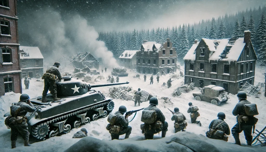 Highly realistic and dramatic image depicting the Siege of Bastogne during World War II, with American soldiers in winter combat gear defending a snowy, war-torn town with destroyed buildings and dense forest in the background