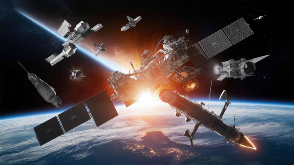 Highly realistic and dramatic image depicting space militarization, showing advanced military satellites, spacecraft, and weaponry in Earth's orbit, highlighting the increasing militarization of space.